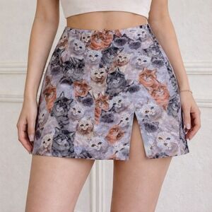 SHEIN‎ MOD Cat Print Mini Skirt Sz M Multicolor Kitten Kitty Cat Lover Graphic